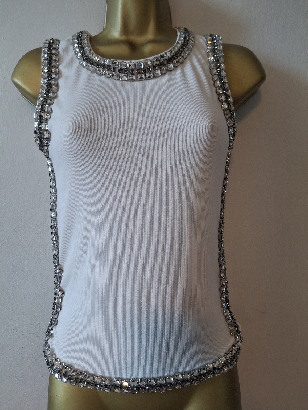 Embellished White Tank Top with Crystal Trim